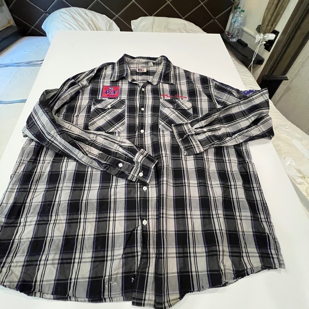 Phat Farm Men 5X Black Gray Plaid Shirt Embroidered Y2K Hip Hop Streetwear